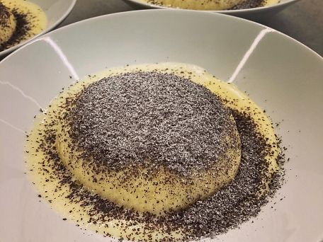 Germknödel plněný povidly s vanilkovou omáčkou sypaný mákem
